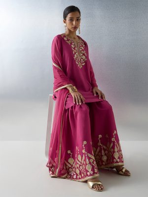 Vark Magenta Embroidered Cotton-Blend Straight Ethnic Set