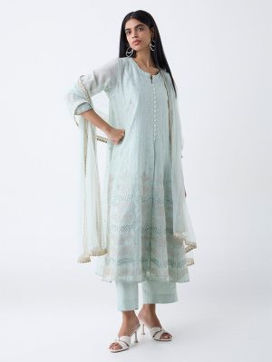 Vark Mint Sequins Embroidered A-Line Ethnic Set