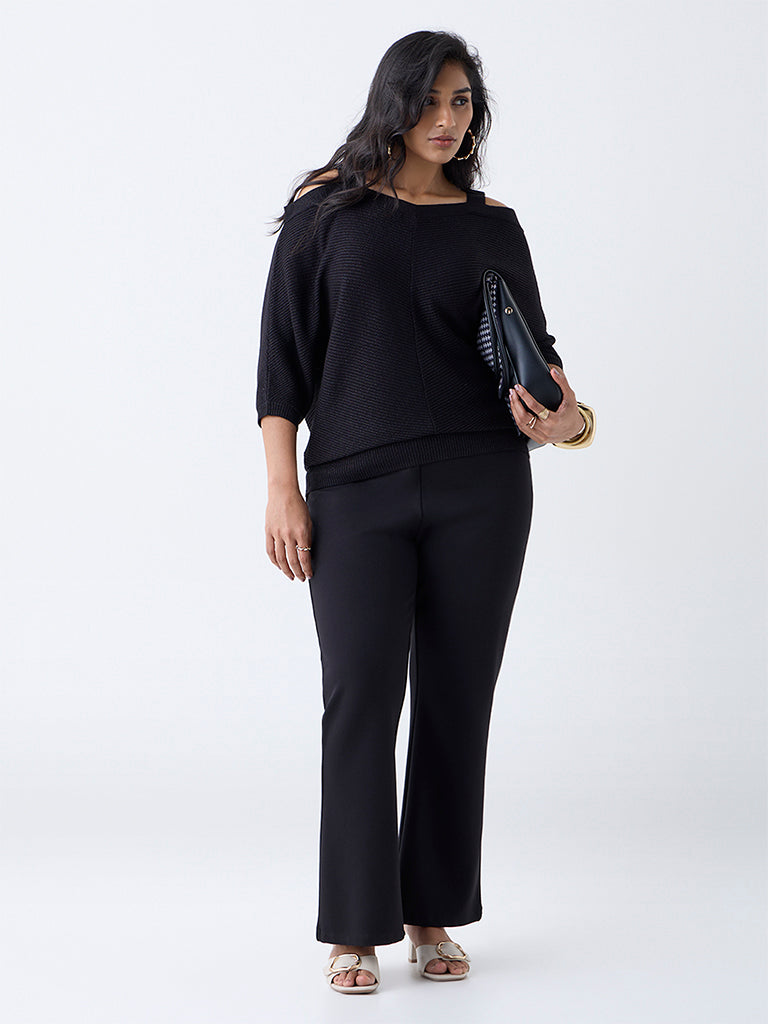 Gia Black Ribbed Cold-Shoulder Top - Image 2