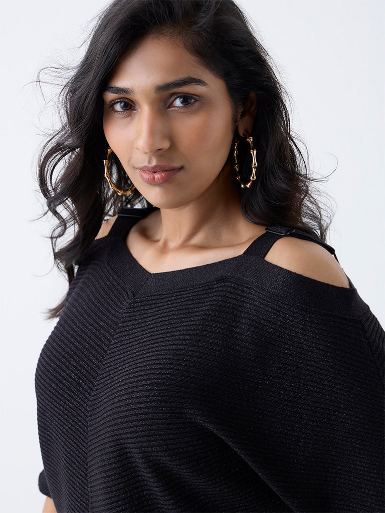 Gia Black Ribbed Cold-Shoulder Top - Image 3
