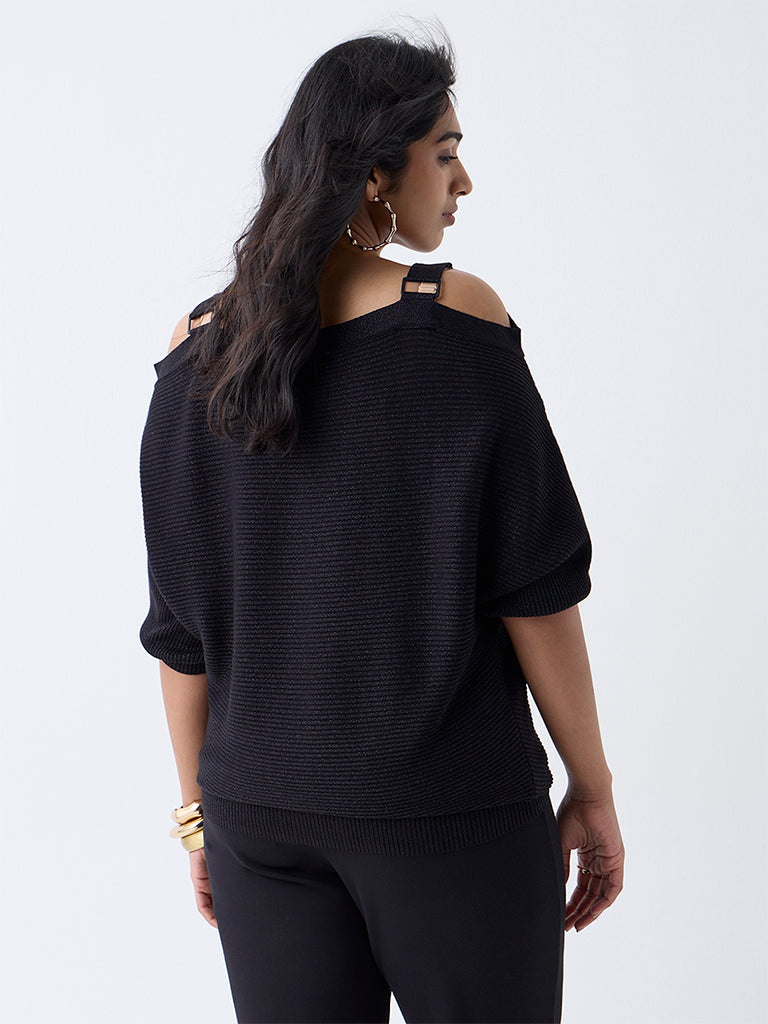 Gia Black Ribbed Cold-Shoulder Top - Image 4