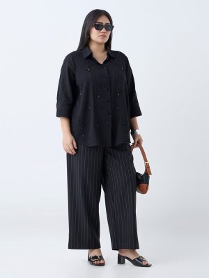 Gia Black Pinstriped High-Rise Trousers with Belt