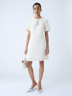 Wardrobe White Woven-Textured Shift Dress