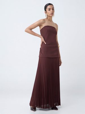 Wardrobe Brown Accordian Pleated Tube Dress