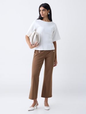 Wardrobe Brown Button-Detailed High-Rise Flared Pants
