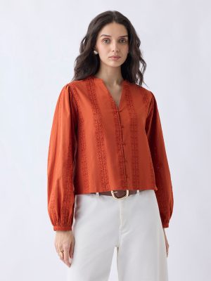 LOV Orange Lace-Detailed Cotton Top