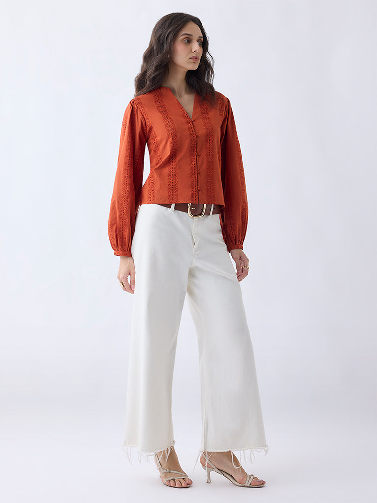 LOV Orange Lace-Detailed Cotton Top - Image 2