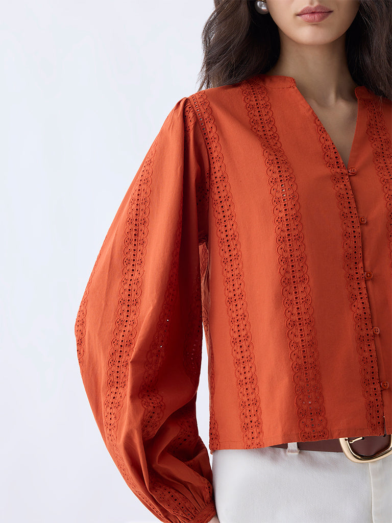 LOV Orange Lace-Detailed Cotton Top - Image 3