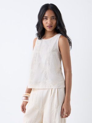 LOV Off-White Floral Embroidered Top