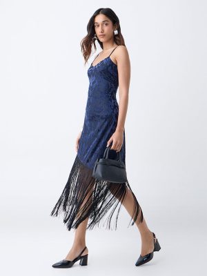 LOV Navy Fringe-Detailed Velvet Bodycon Dress