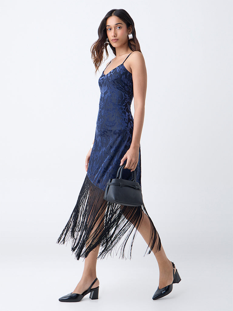 LOV Navy Fringe-Detailed Velvet Bodycon Dress