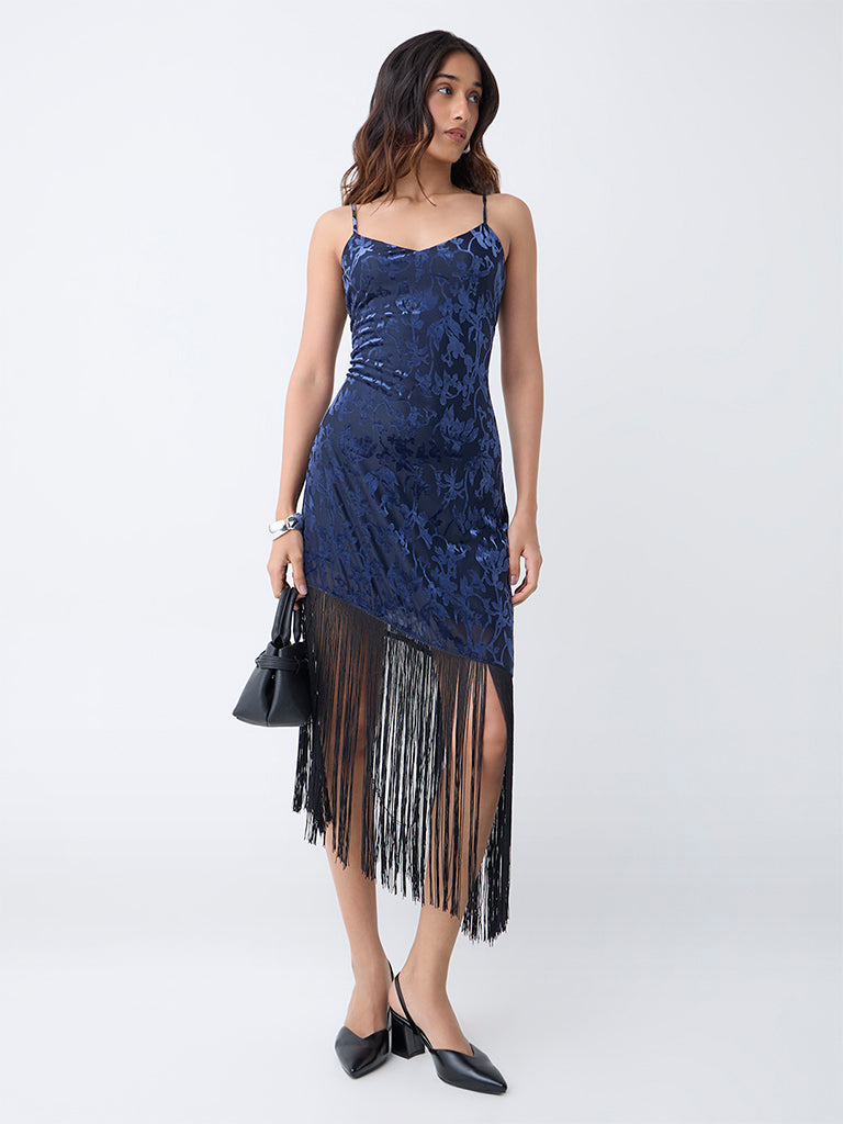 LOV Navy Fringe-Detailed Velvet Bodycon Dress - Image 2