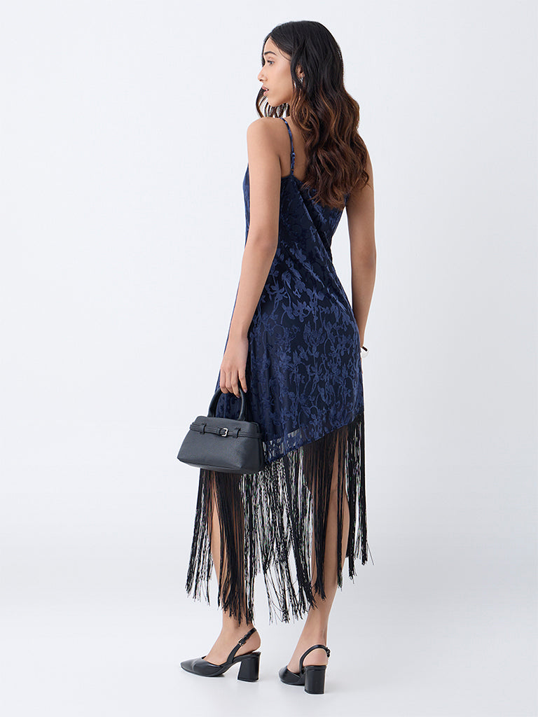 LOV Navy Fringe-Detailed Velvet Bodycon Dress - Image 4
