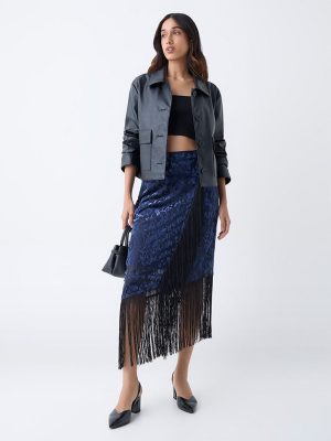 LOV Navy Fringe-Detailed High-Rise Velvet Skirt