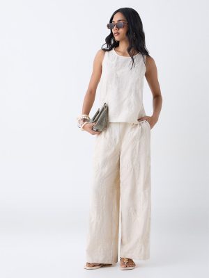 LOV Off-White Floral Embroidered High-Rise Trousers