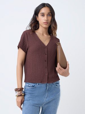 LOV Dark Brown Crinkle-Textured Top