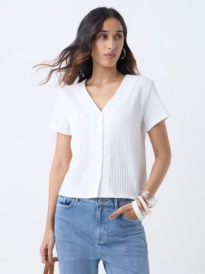 LOV White Crinkle-Textured Top