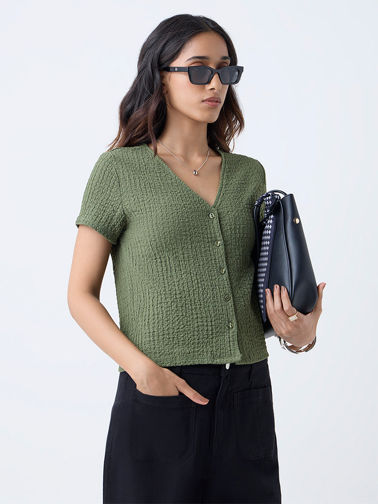 LOV Olive Crinkle-Textured Top - Image 2
