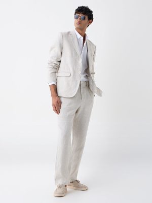 Ascot Beige Checkered Relaxed-Fit Linen Blazer