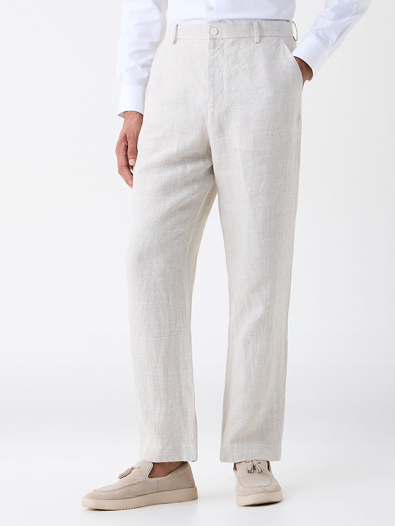Ascot Beige Checked Relaxed-Fit Mid-Rise Linen Trousers - Image 2