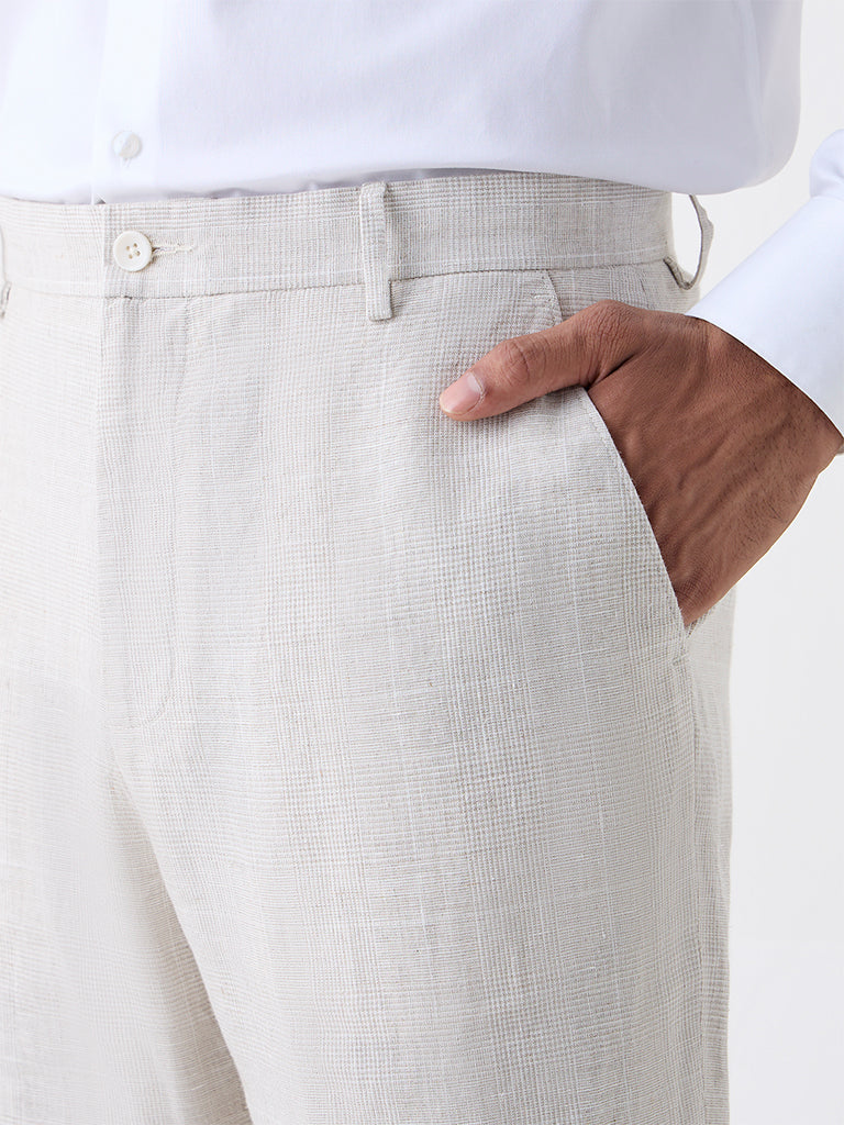 Ascot Beige Checked Relaxed-Fit Mid-Rise Linen Trousers - Image 3