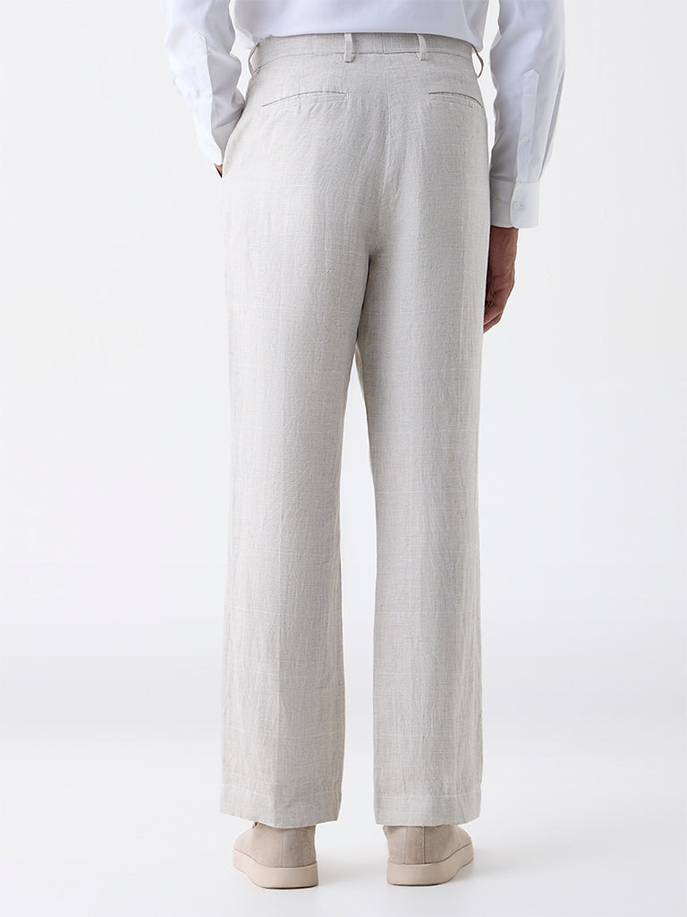 Ascot Beige Checked Relaxed-Fit Mid-Rise Linen Trousers - Image 4