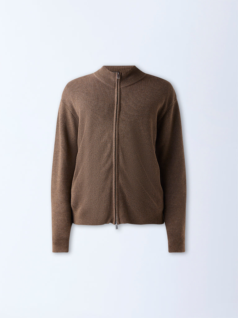 WES Formals Taupe Ribbed-Textured Slim-Fit Sweater - Image 5