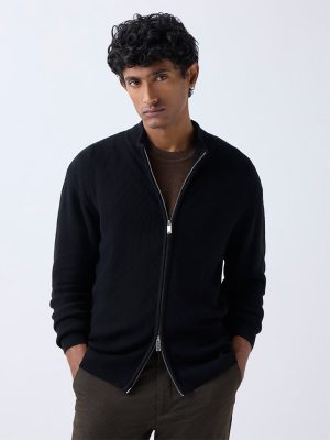 WES Formals Black Ribbed-Textured Slim-Fit Sweater
