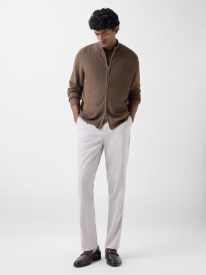 WES Formals Taupe Ribbed-Textured Slim-Fit Sweater