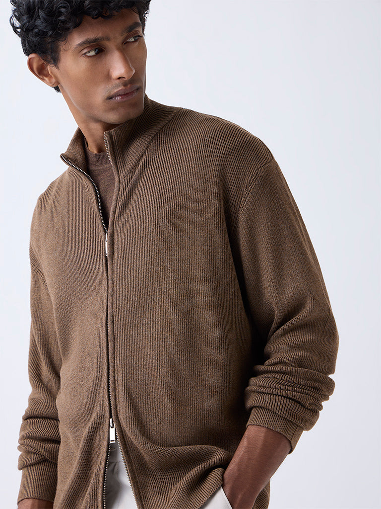 WES Formals Taupe Ribbed-Textured Slim-Fit Sweater - Image 3