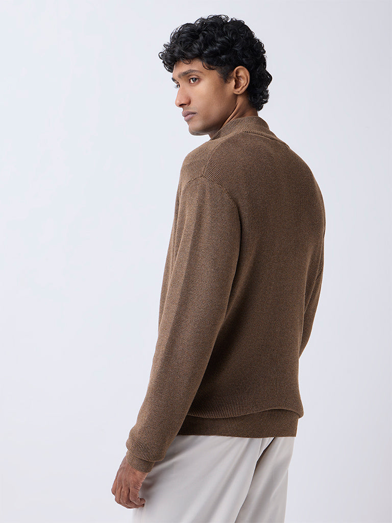 WES Formals Taupe Ribbed-Textured Slim-Fit Sweater - Image 4