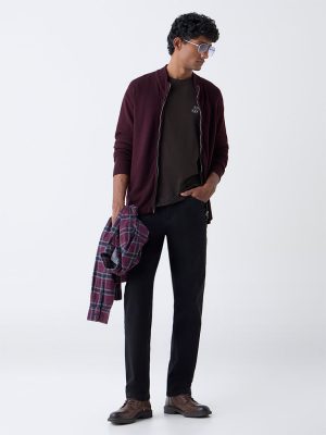 WES Formals Wine Ribbed-Textured Slim-Fit Sweater