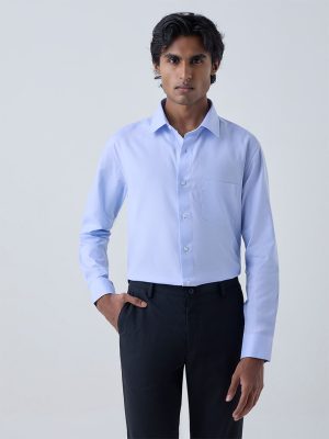 WES Formals Blue Solid Relaxed-Fit Cotton Shirt