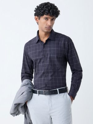 WES Formals Black Checks Design Slim-Fit Cotton Shirt