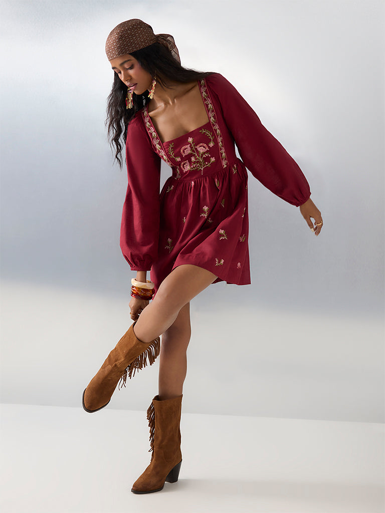 Bombay Paisley Red Floral Embroidered Cotton A-Line Dress - Image 2