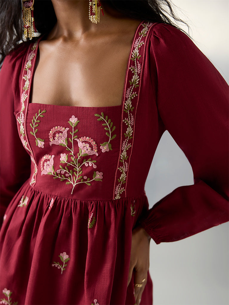 Bombay Paisley Red Floral Embroidered Cotton A-Line Dress - Image 3