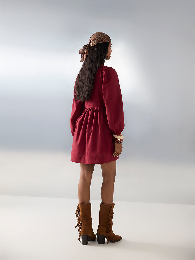 Bombay Paisley Red Floral Embroidered Cotton A-Line Dress - Image 4