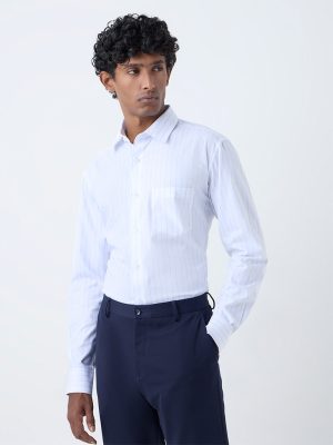 WES Formals White Striped Relaxed Fit Cotton Shirt