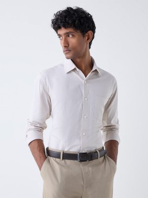 WES Formals Beige Self-Patterned Relaxed-Fit Cotton Shirt