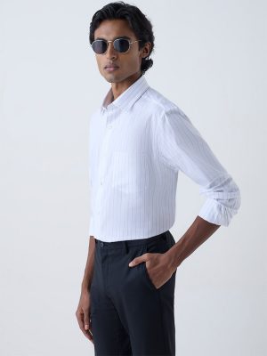 WES Formals White Pinstriped Relaxed-Fit Cotton Shirt