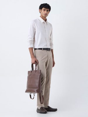 WES Formals Beige Striped Relaxed-Fit Cotton Shirt