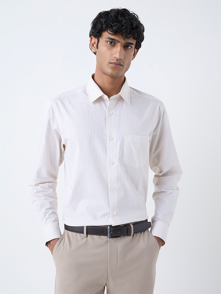 WES Formals Beige Striped Relaxed-Fit Cotton Shirt - Image 2