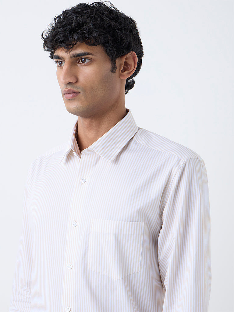 WES Formals Beige Striped Relaxed-Fit Cotton Shirt - Image 3