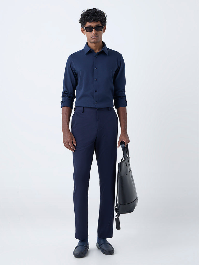 WES Formals Navy Solid Slim-Fit Cotton-Blend Shirt - Image 3