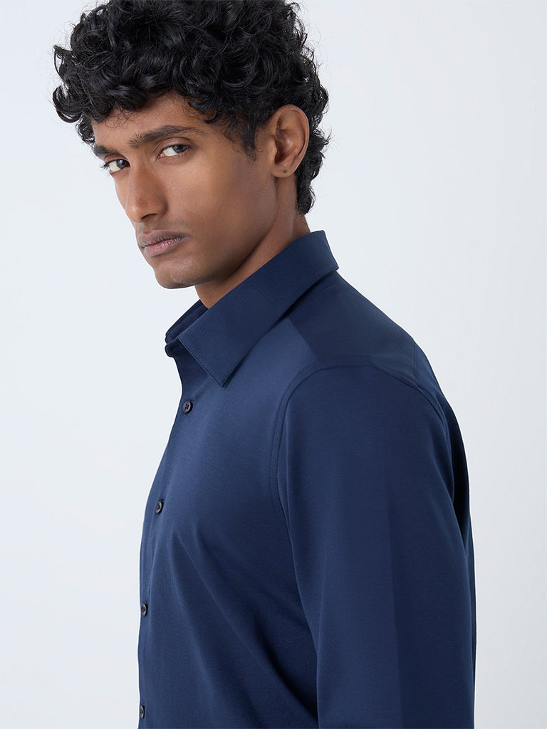 WES Formals Navy Solid Slim-Fit Cotton-Blend Shirt - Image 4