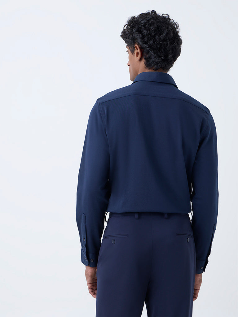 WES Formals Navy Solid Slim-Fit Cotton-Blend Shirt - Image 5