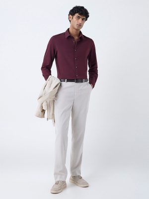 WES Formals Wine Slim-Fit Cotton-Blend Shirt