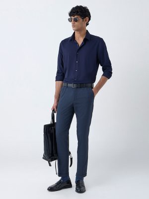 WES Formals Navy Checkered Slim-Fit Mid-Rise Trousers