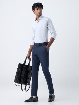 WES Formals Navy Checks Pattern Slim-Fit Mid-Rise Trousers
