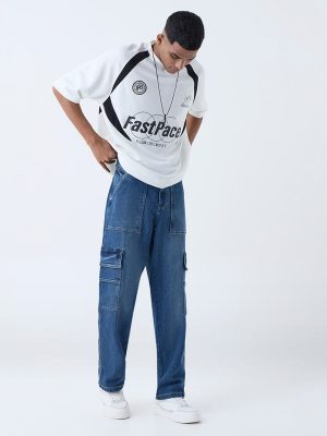 Nuon Dark Blue Washed Relaxed-Fit Mid-Rise Jeans